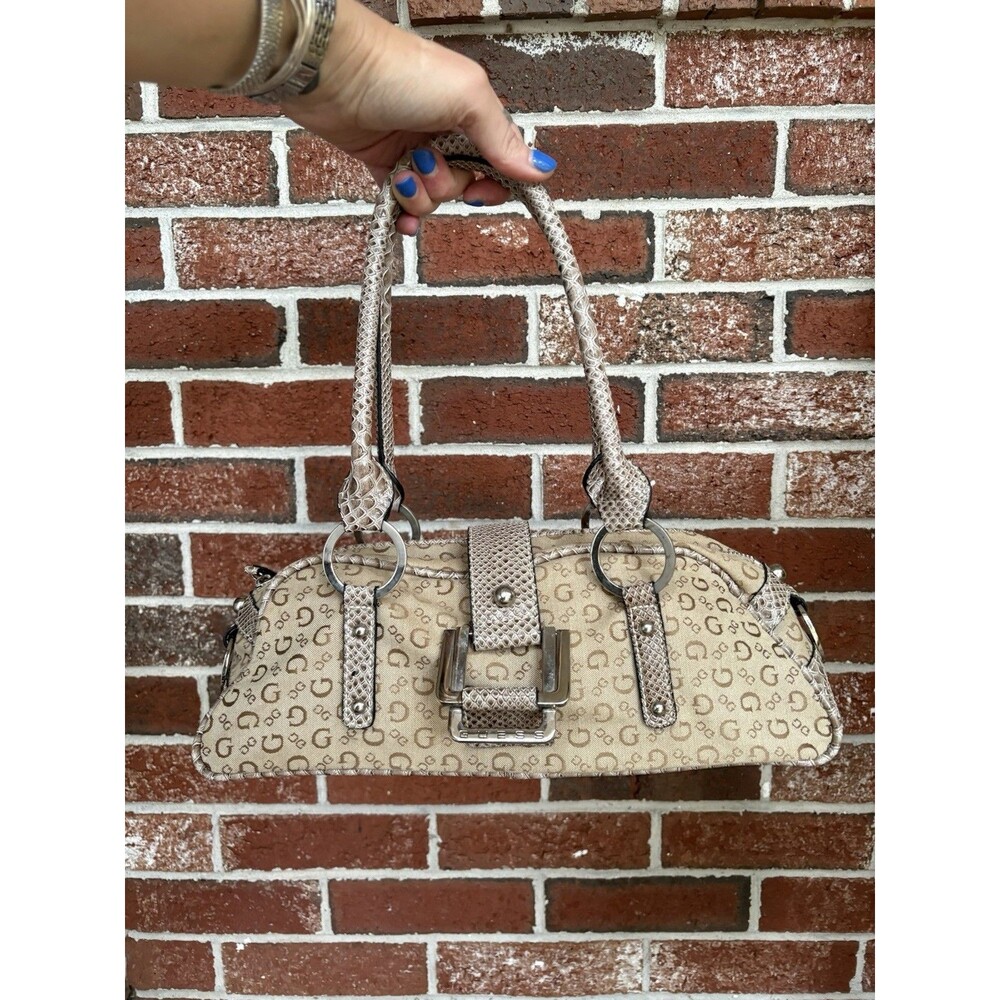Y2K Guess Monogram Baguette Bag Beige Snakeskin Buckle Shoulder 2000s Purse VTG